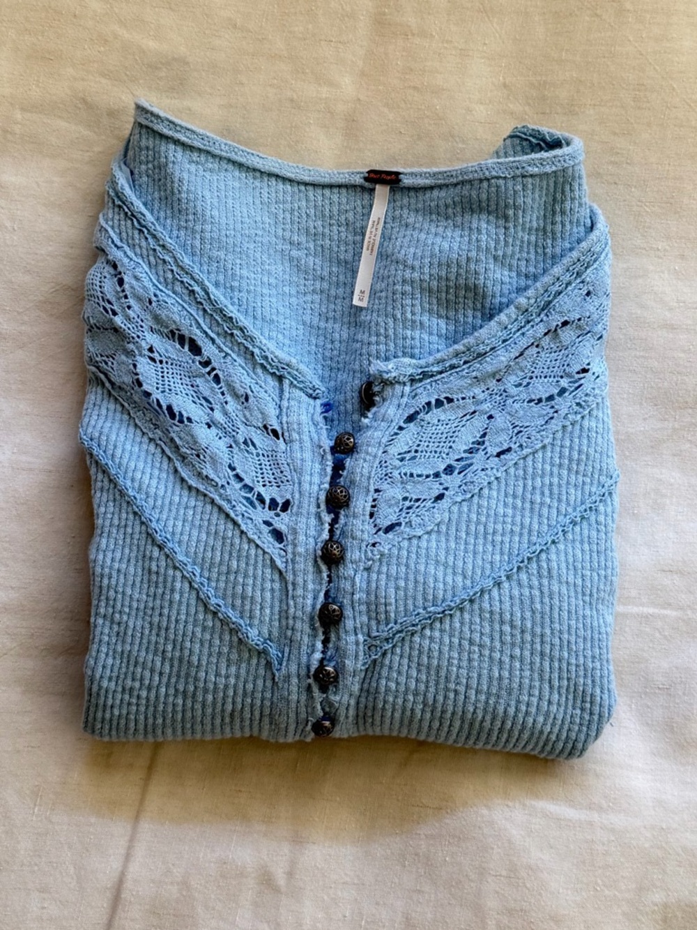 Free People Light Blue Lace-Trim Button Knit Top